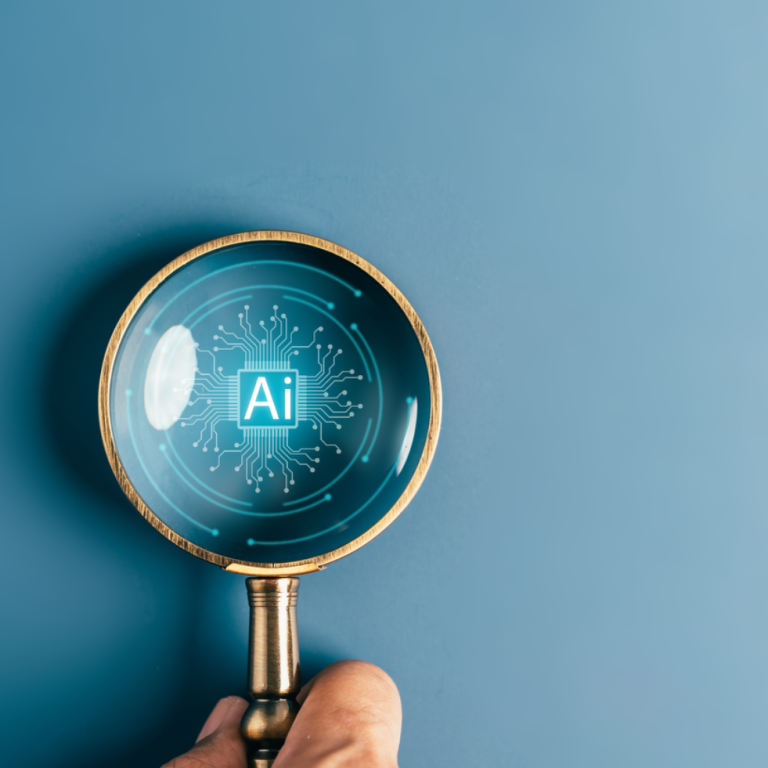 Lupe auf blauem Hintergrund, zeigt das Symbol "Ai" in der Mitte.